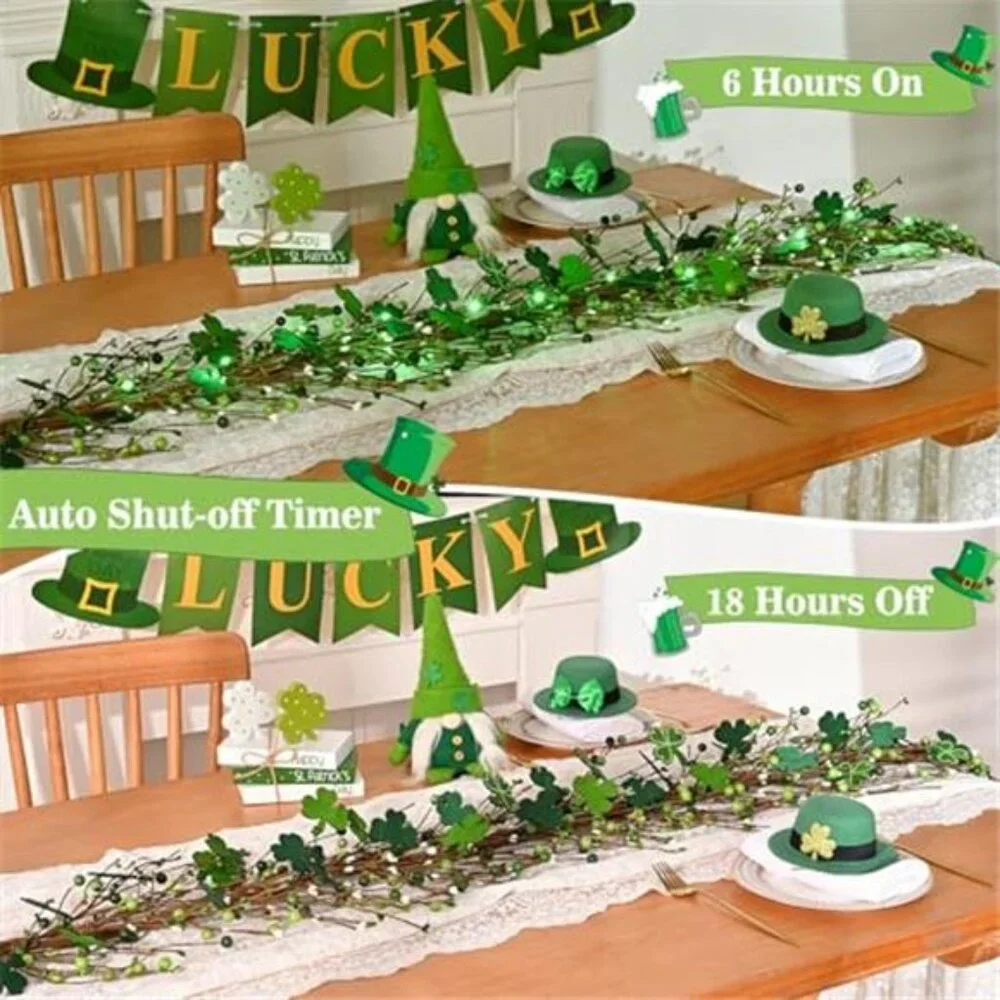6 Ft St Patrick's Day Garland with Light, Lighted Shamrock Garlands, Green